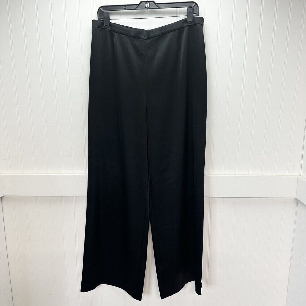 St John Satin Pants Women 12 Caviar Kate Wide Leg Black High Rise Side Zip Dress